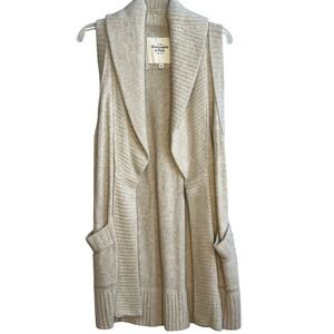 Abercrombie Fitch Womens Long Open Front Shawl Collar Vest Cardigan Beige Rabbit
